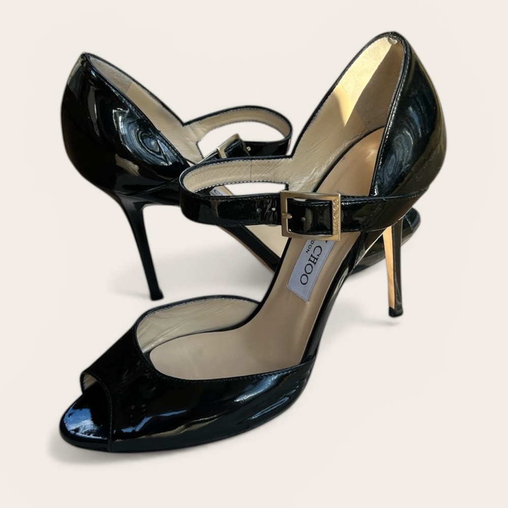 Jimmy Choo Black Patent Leather Mary Jane Peep-Toe Heels with Gold Buckle